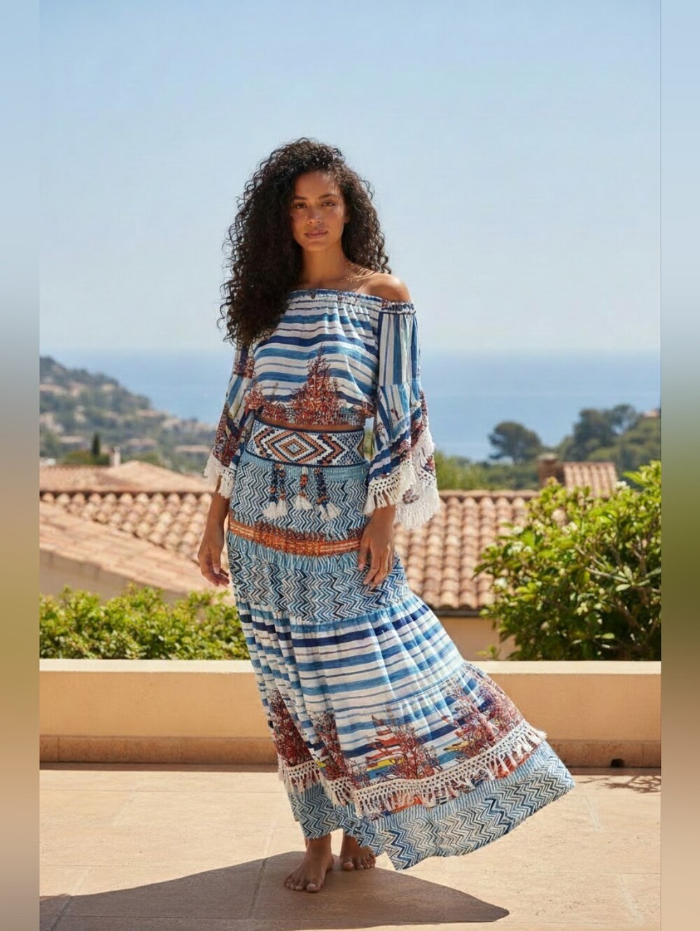 POL Boho Off-Shoulder Maxi Set  in Blue and White Stripes